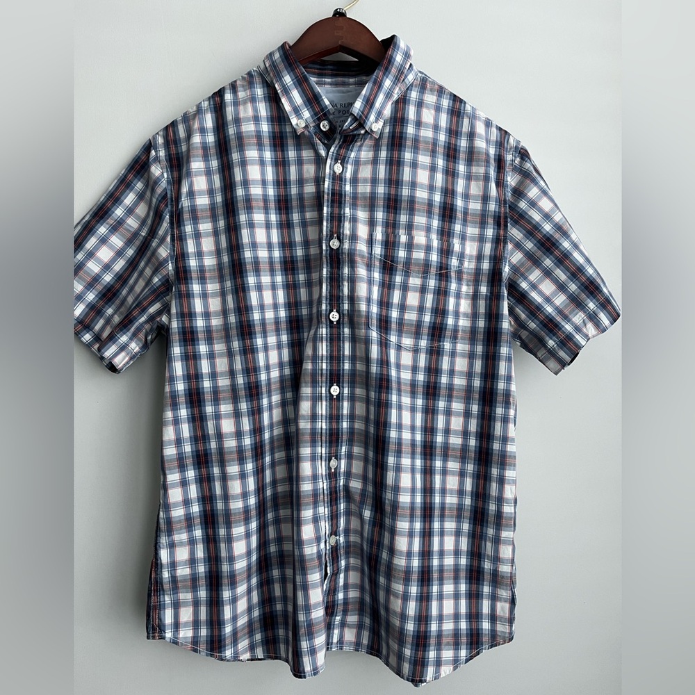 Banana Republic Lux Poplin short sleeve button down plaid shirt slim fit size L